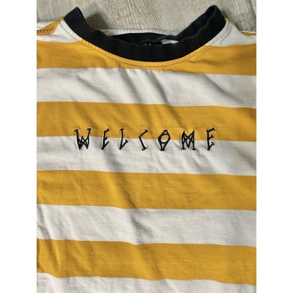 WELCOME Skateboards Yellow & White Stripped Long Sleeve Shirt Medium Relaxed Fit - Picture 3 of 8